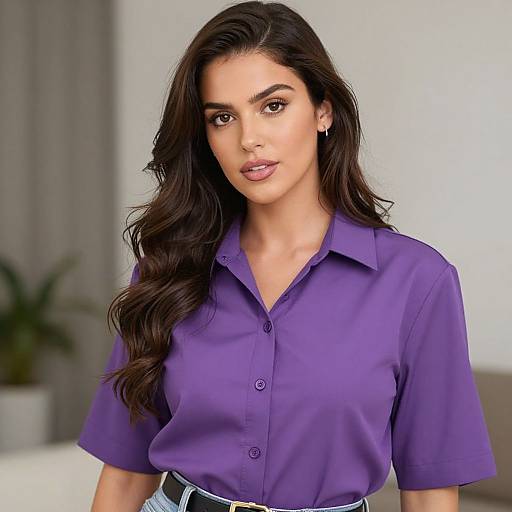 Photograph of a young woman with long, wavy dark brown hair, wearing a vibrant purple button-up shirt and light blue jeans, standing in a