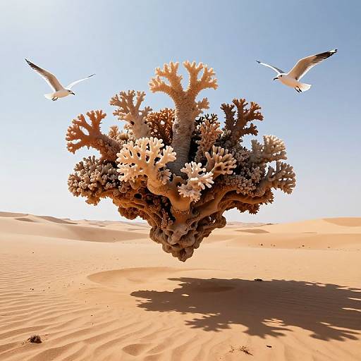Photograph of a surreal, coral-like tree with white flowers, floating in a sandy desert under a clear blue sky; two seagulls flying above