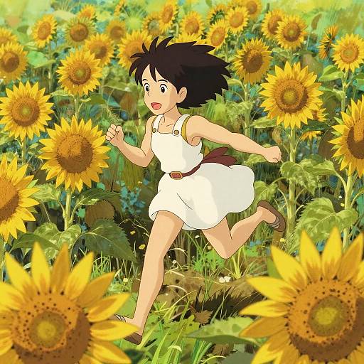 Anime Girl Running Through Sunflowers