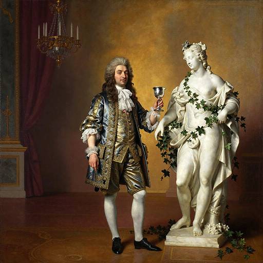 Baroque Nobleman with Marble Statue in Palace Ballroom