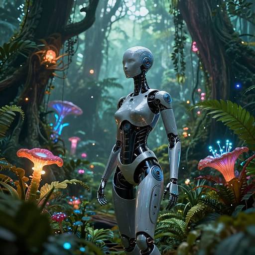 Android Exploring Bioluminescent Alien Jungle