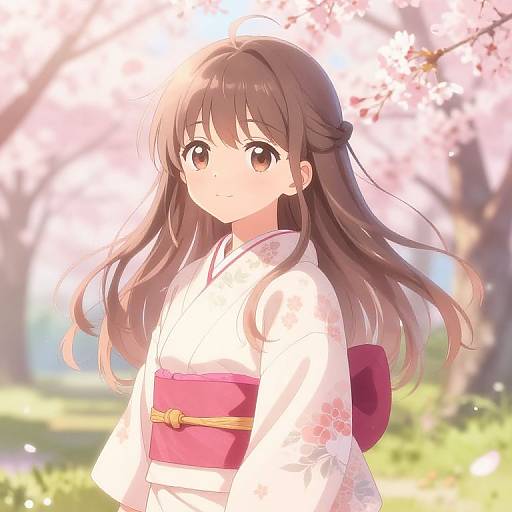 Anime-style digital drawing of a young girl with long brown hair, wearing a white floral kimono with a pink obi, standing under cherry blossoms