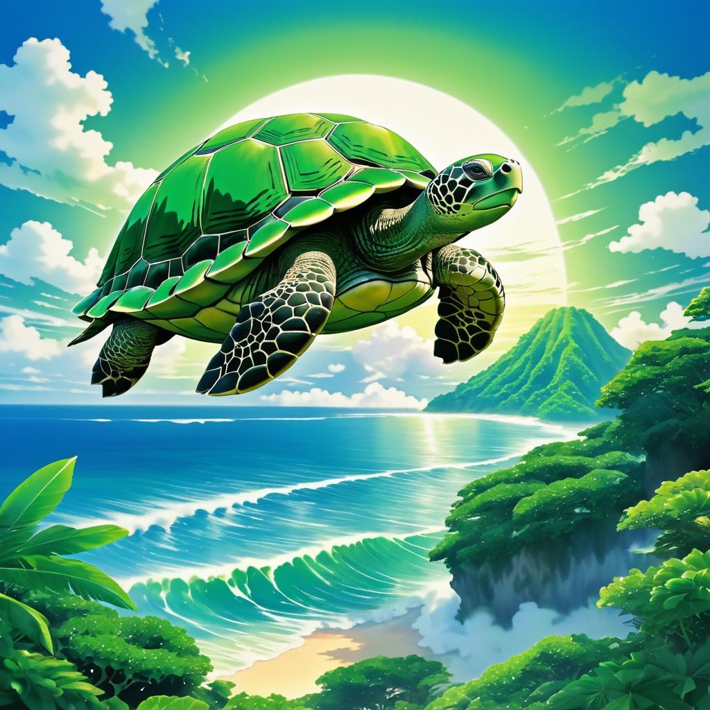 Majestic Tortoise Soaring Over Ocean