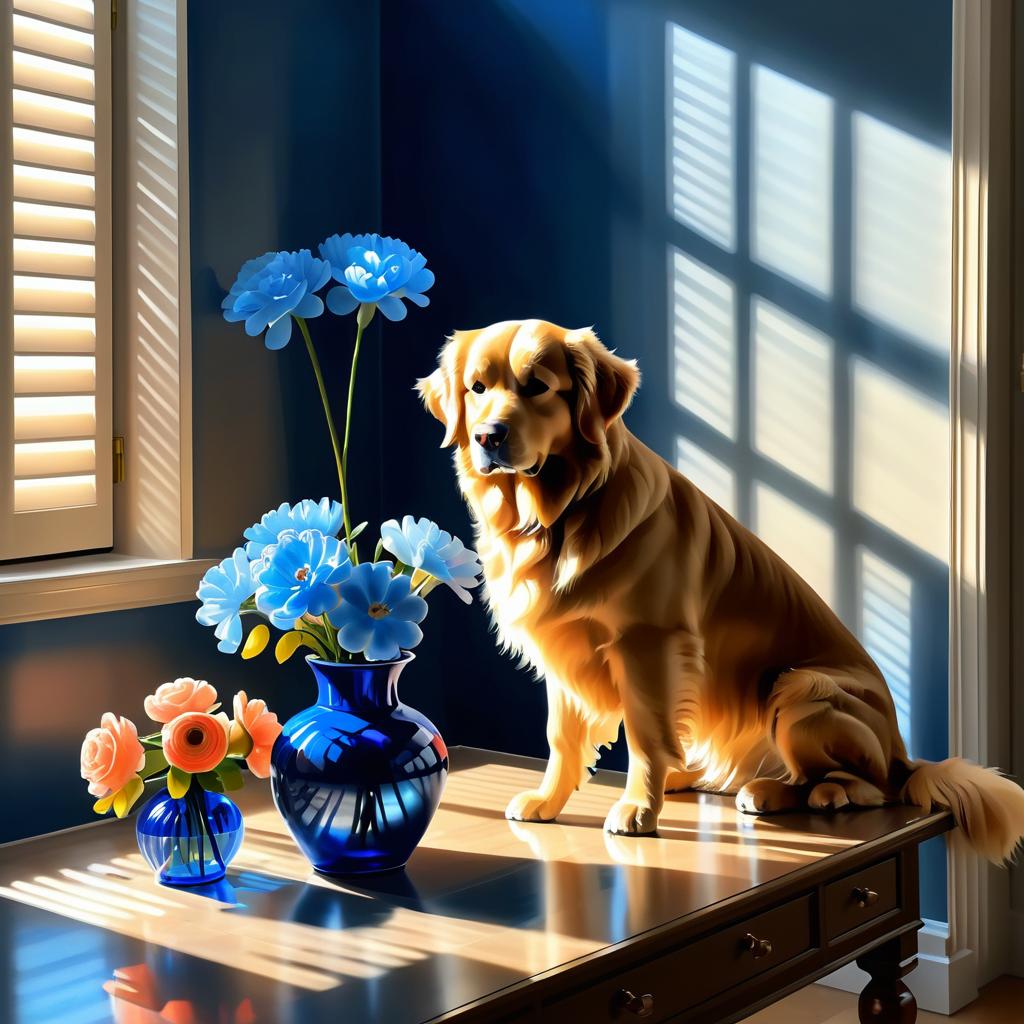 Sunlit Room with Vase and Dog