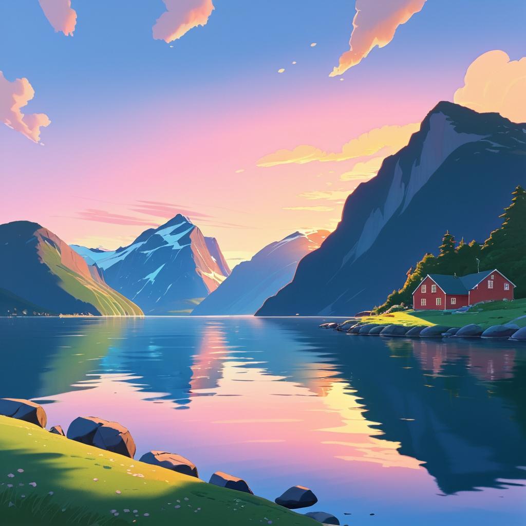 Whimsical Norwegian Fjord at Sunset