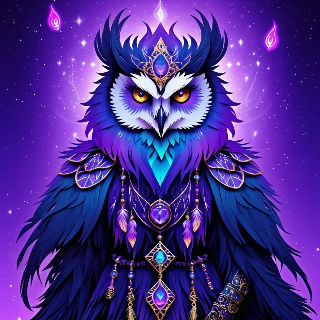 Magical Skeletal Owl with Peacock Tails