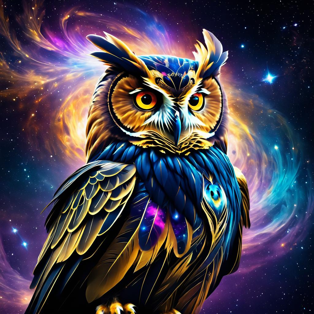 Majestic Owl Among Cosmic Nebulae