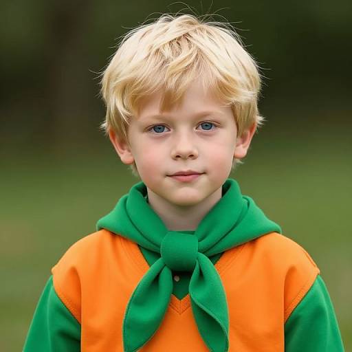 Photograph of a young blonde boy with blue eyes, wearing an orange and green scout uniform, standing in a blurred green outdoor background.