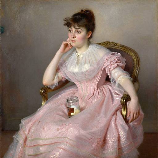 Victorian-era painting of a fair-skinned woman with dark hair in a pink, lace-trimmed dress, seated on an ornate chair,