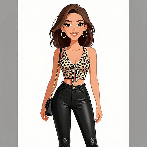 Digital illustration of a smiling woman with wavy brown hair, wearing a leopard print crop top, black leather pants, hoop earrings, and a small black