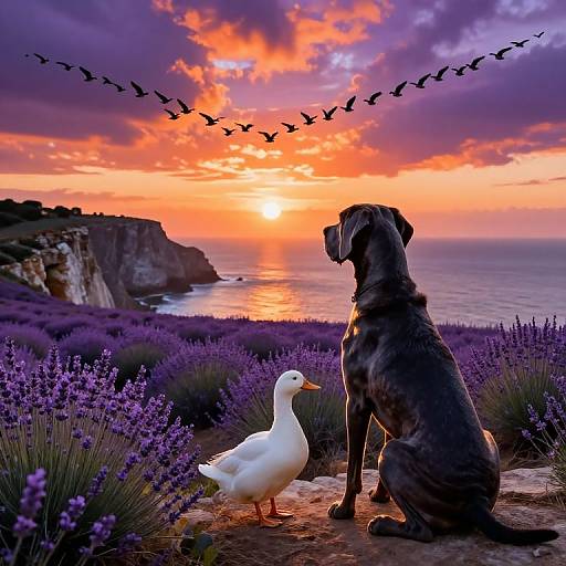 Photograph of a black dog and white duck sitting on a lavender-covered cliff at sunset, with a flock of birds flying above and a vibrant orange sky