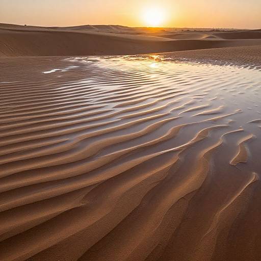 Photograph of a desert sunset with rippled sand ripples reflecting golden sunlight, creating a serene, wavy pattern on the sandy landscape.