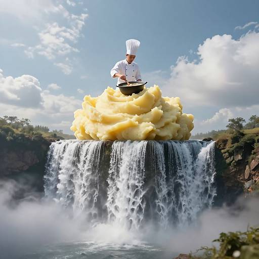 Photograph of a chef in a white uniform and hat, standing on a cloud of flour on top of a waterfall, under a bright blue sky with