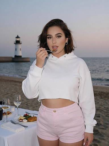 Photograph of a young woman with medium skin tone, dark wavy hair, wearing a white crop hoodie and pink shorts, eating dessert by a beach