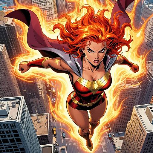 Comic-style drawing of fiery-haired, muscular woman in red and gold outfit, flying over city, surrounded by flames, cape billowing.