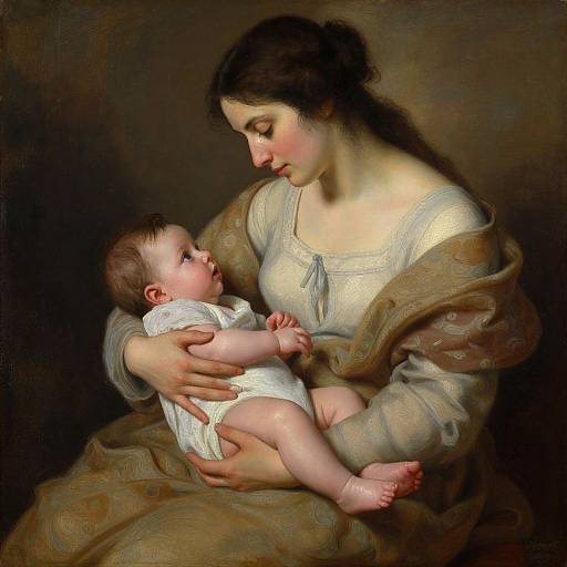 Digital painting of a young mother with fair skin and dark hair, gently holding her naked baby in her arms, both gazing lovingly at each other