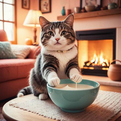 Cat Playing with Milk in Cozy Living Room