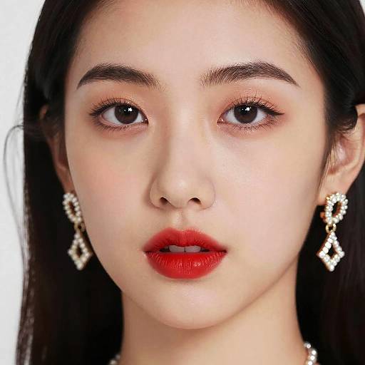 Close-up photograph of an Asian woman with fair skin, dark hair, red lipstick, and diamond-shaped earrings, gazing directly at the camera.