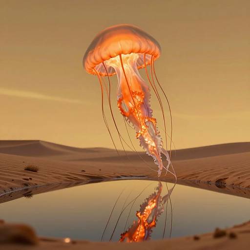 Photograph of an orange jellyfish with translucent tentacles floating above a reflective desert oasis at sunset, casting a vibrant reflection.