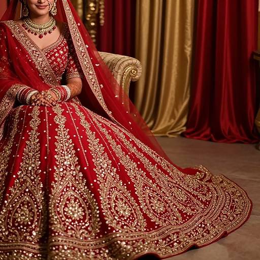 Photograph of a South Asian bride in a rich red, gold-embroidered lehenga, with a matching veil, sitting on an ornate