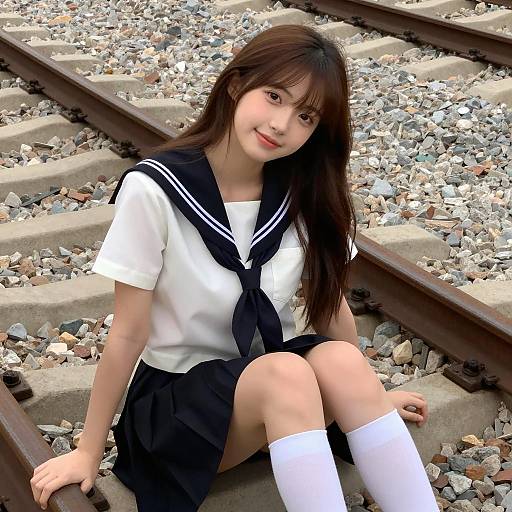 Casual Asian Girl on Railway Tracks