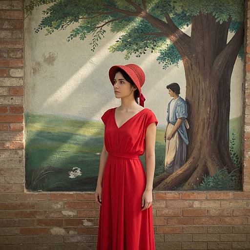 Photograph of a woman in a red dress and hat, standing before a painted mural of a man by a tree, with sunlight filtering through leaves.