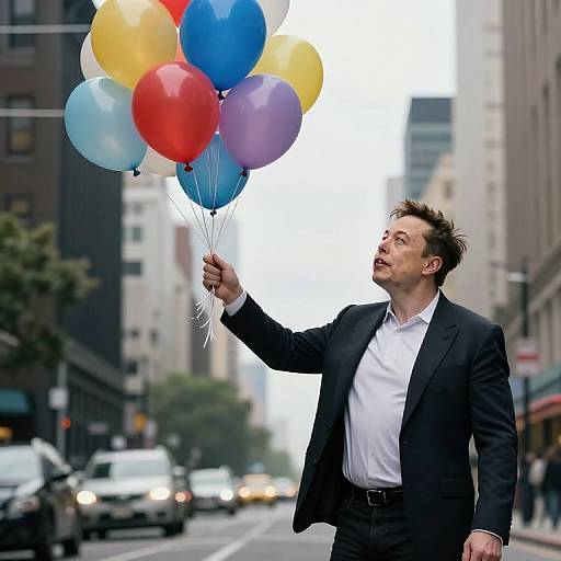 Photograph of a suited man with short brown hair holding colorful balloons (red, blue, yellow, purple) on a city street.