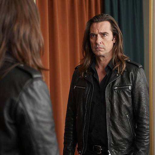Man in Black Leather Jacket Looking Concerned in Front of Mirror