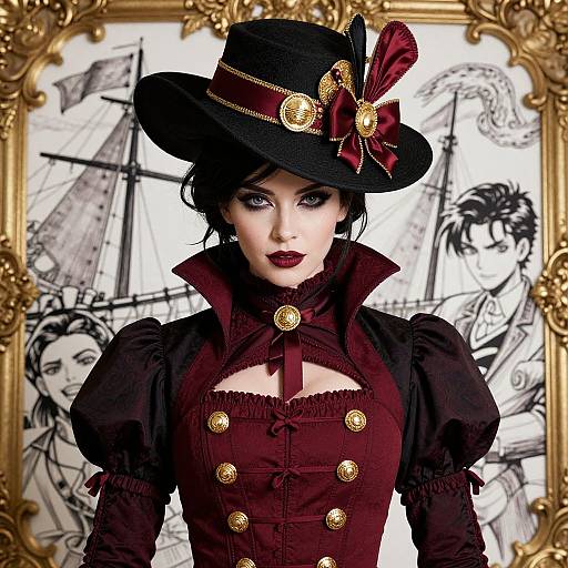 Steampunk-inspired woman with dark makeup, black hat with red bow and gold accents, burgundy dress with gold buttons, framed by black-and-white