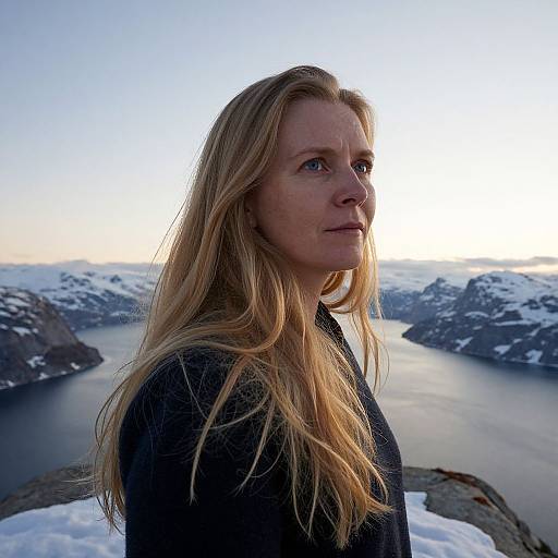 Photograph of a blonde woman with long hair, wearing a black coat, standing on a snowy mountain overlooking a calm, icy fjord at sunset.