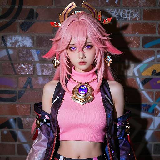 Digital anime-style portrait of a pink-haired girl with purple eyes, wearing a pink crop top, black jacket, and ornate headpiece, against a