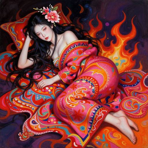 Digital painting of a beautiful Asian woman with long black hair, wearing a vibrant red and orange floral kimono, lying on a patterned pillow, surrounded