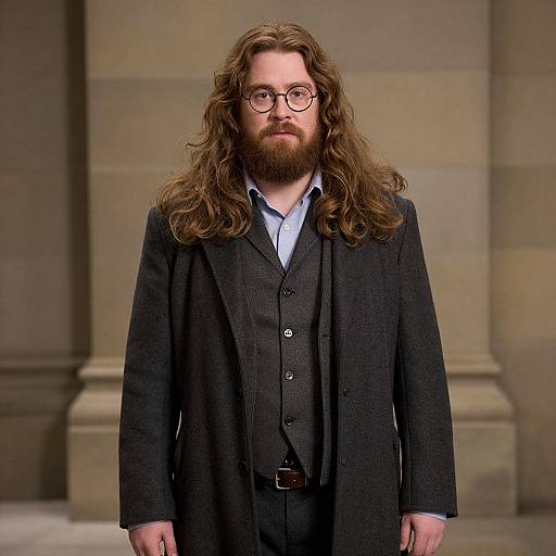 Photograph of a bearded man with long brown hair, wearing round glasses and a dark three-piece suit, standing against a stone wall background.
