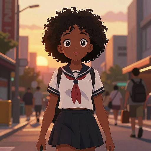 Digital anime-style drawing of a young Black girl with curly hair, wearing a white sailor uniform with red tie, black skirt, and backpack, standing in