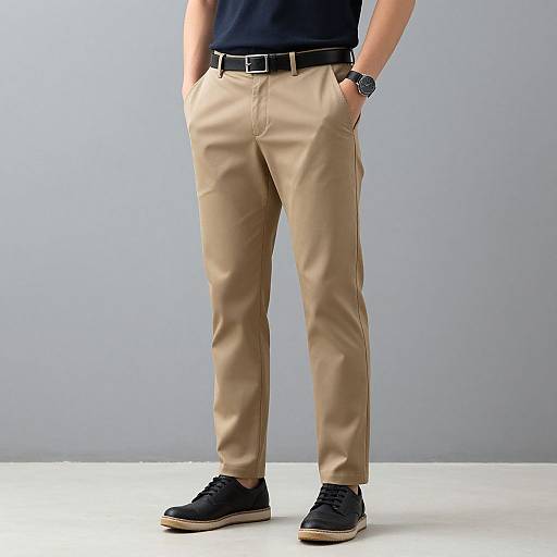 Photograph of a man from the waist down, wearing beige pants, black belt, black shoes, and a black watch, against a plain gray background