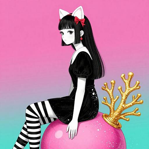 Japanese Girl with Cat Ears Sitting on Pink Ball