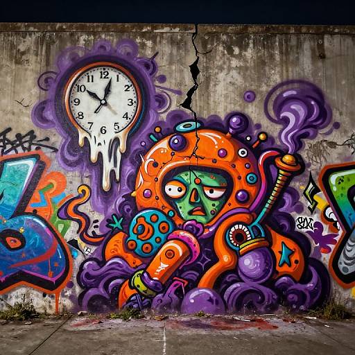 Vibrant graffiti mural on a concrete wall featuring a green, grumpy alien with an orange helmet, clock, and pipe, surrounded by purple swirl