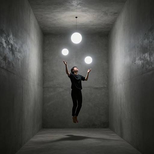 Photograph of a man in a black shirt and pants, mid-jump, arms raised, illuminated by three white hanging lights in a dim, concrete