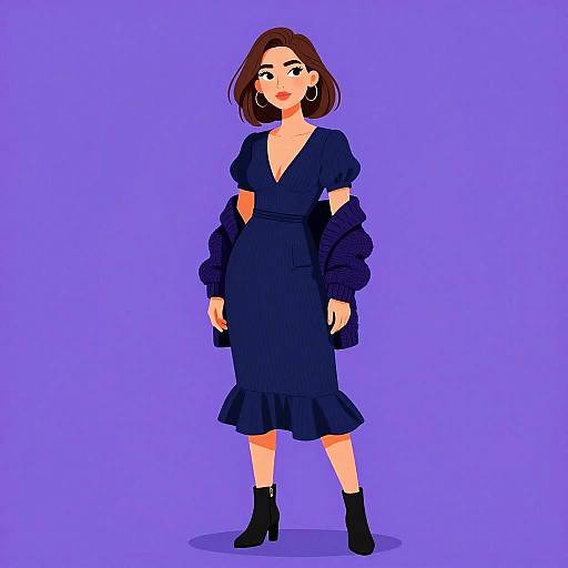 Elegant Woman in Navy Blue Midi Dress