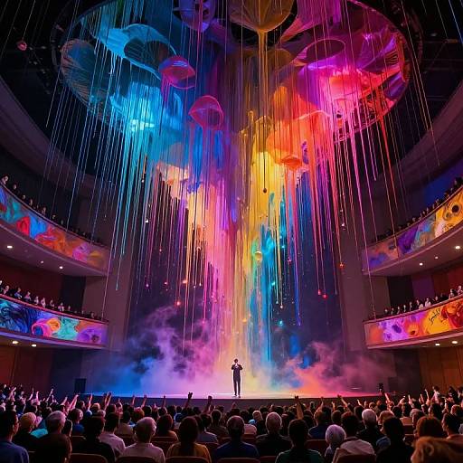 Vibrant, colorful laser light show with cascading raindrops, silhouetted performer on stage, surrounded by cheering audience in a large,