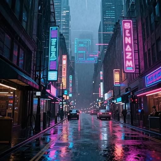 Neon-lit, rainy urban street scene with vibrant pink, blue, and purple neon signs reflecting on wet pavement, tall buildings in the background,