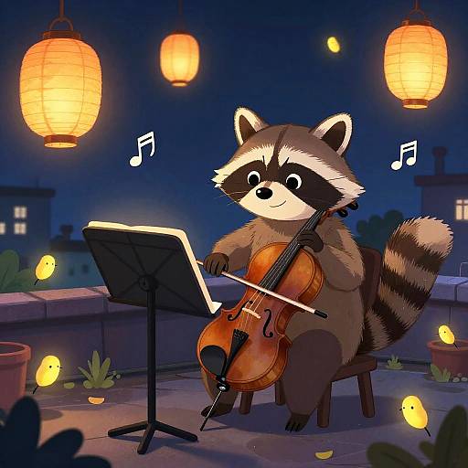 Moonlit Raccoon Conducting Rooftop Orchestra