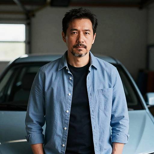 Serious Man in Garage with Car