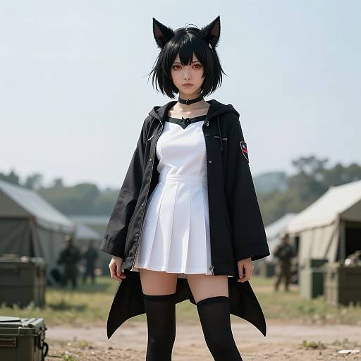 Digital anime-style drawing of a black-haired girl with cat ears, wearing a white dress, black jacket, and thigh-high socks, standing in a sunny