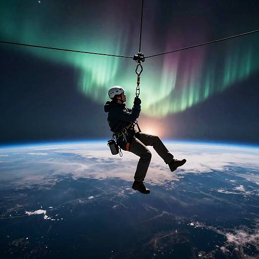 Daring Explorer Grappling Orbital Elevator Beneath Aurora