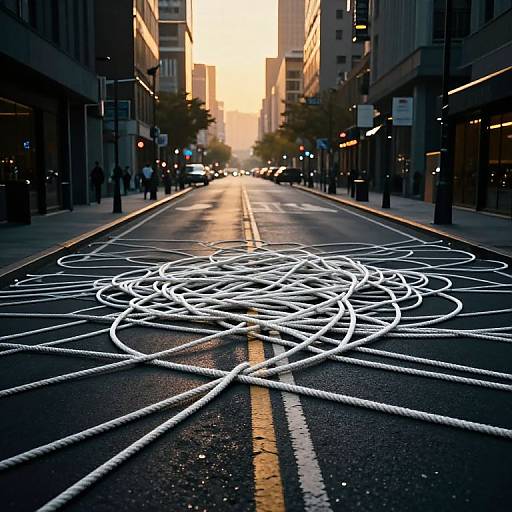 Photograph of a deserted urban street at sunset, featuring a chaotic white rope pattern on the wet asphalt, flanked by tall buildings.