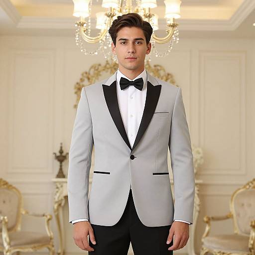 Photograph of a young man with dark hair, wearing a light gray tuxedo with black lapels, white shirt, and black bow tie,