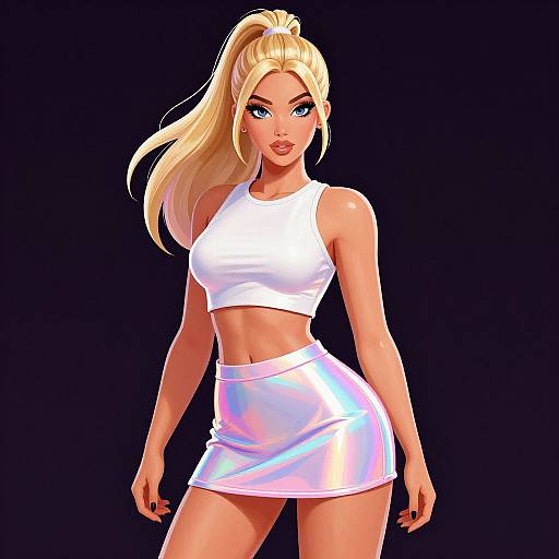 Digital illustration of a blonde woman with blue eyes, wearing a white crop top and skirt, standing against a black background. She has a high ponytail
