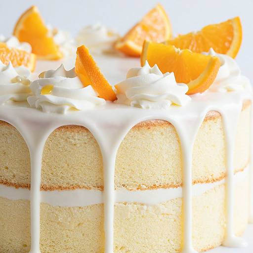 Photograph of a layered, white-frosted cake with orange slices on top, featuring visible arches of moist, golden-yellow sponge and white icing