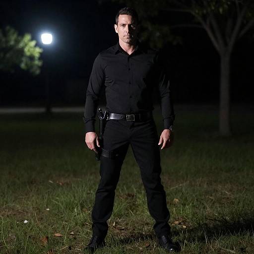 Serious Man Standing in Night Field